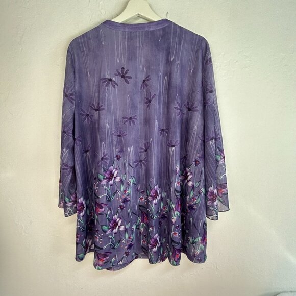 VALOLIA Womens 3/4 Sleeve Floral Tunic Tops 2XL V-Neck Double Layer Purple New - Picture 2 of 9
